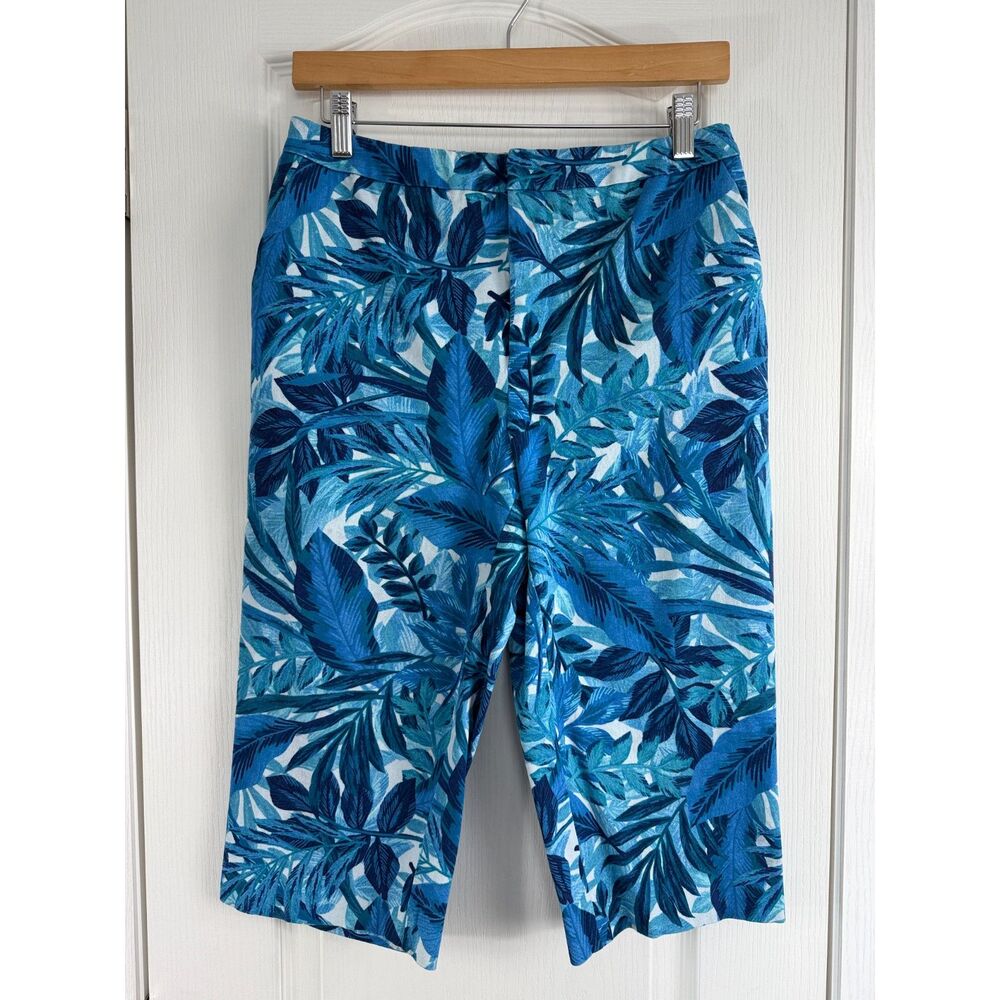 Susan Graver Women's Capri Pants Blue Tropical Print Cotton Spandex Size 6